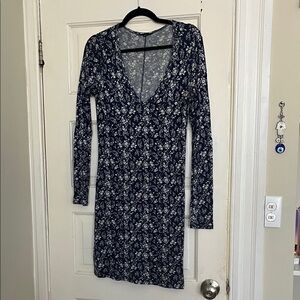 Sisley Navy Floral V-Neck Long Sleeve Dress